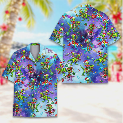 Front view of the christmas aliens and dinosaurs hawaiian shirt on a model