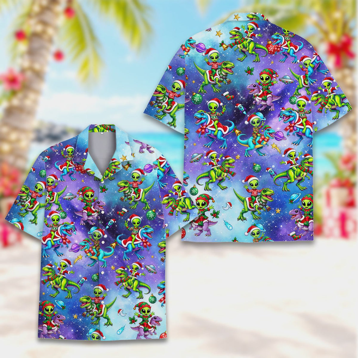 Main view of the christmas aliens and dinosaurs hawaiian shirt featuring a space background