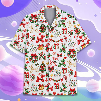 Front view of the matching family hawaiian shirts featuring festive balloon dogs