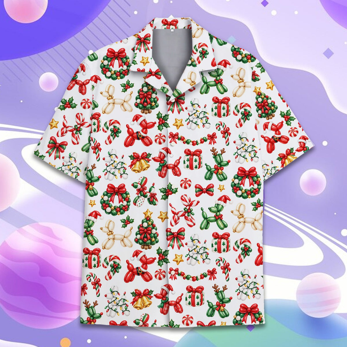 Main view of the christmas balloon animals hawaiian shirt showing white, red, and green holiday print