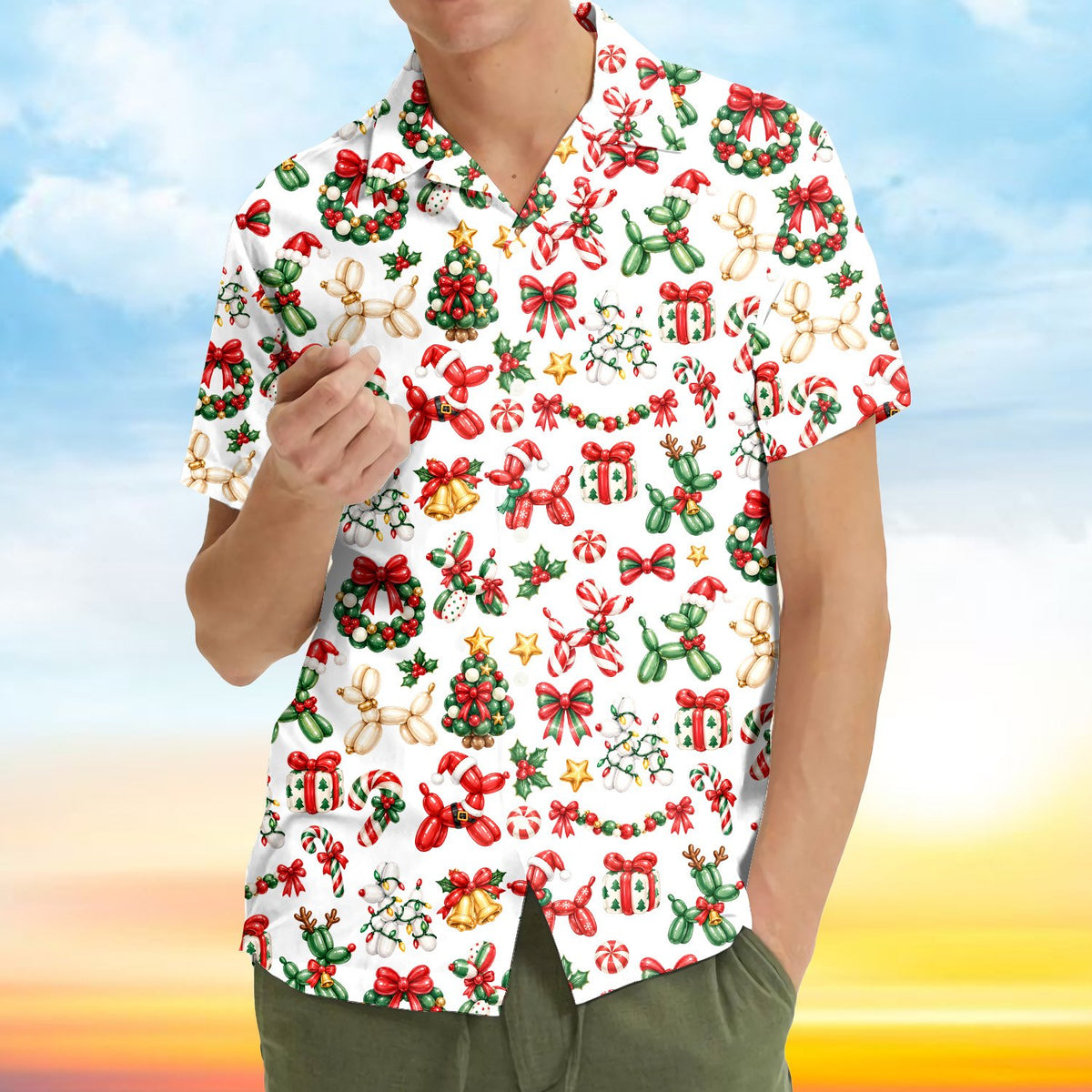Third lifestyle view of the holiday balloon hawaiian shirt