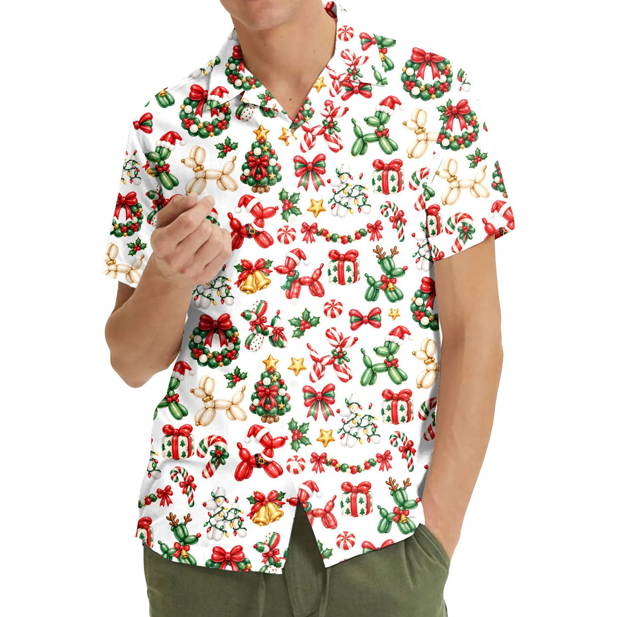Lifestyle view of people wearing the christmas balloon animals hawaiian shirt