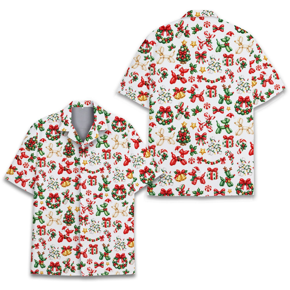 Third detailed view of the holiday balloon animals design on the hawaiian shirt