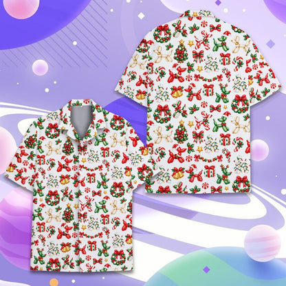 Detailed view of the christmas balloon animals hawaiian shirt pattern