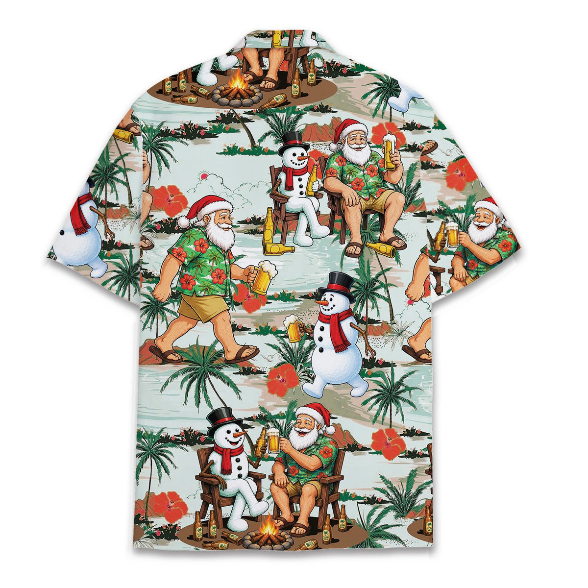 Back view of the holiday hawaiian shirt with palm trees and hibiscus