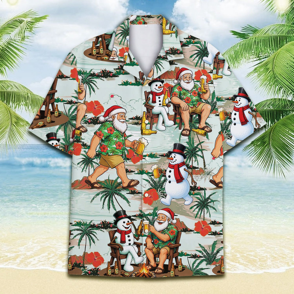 Another front view showcasing the holiday beach print on the hawaiian shirt