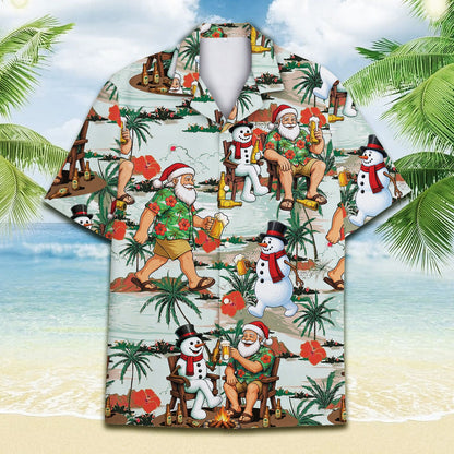 Another front view showcasing the holiday beach print on the hawaiian shirt