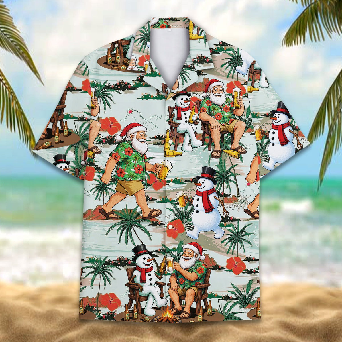 Close-up front view of the button-down hawaiian shirt with Santa print