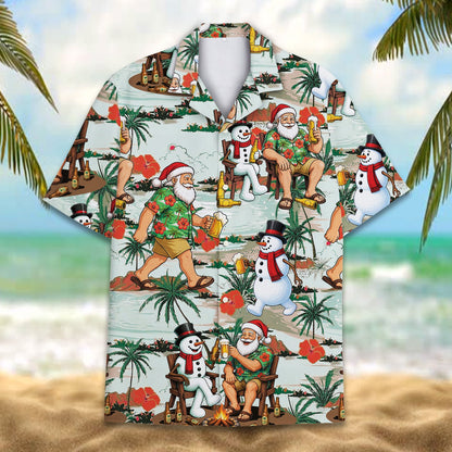 Close-up front view of the button-down hawaiian shirt with Santa print