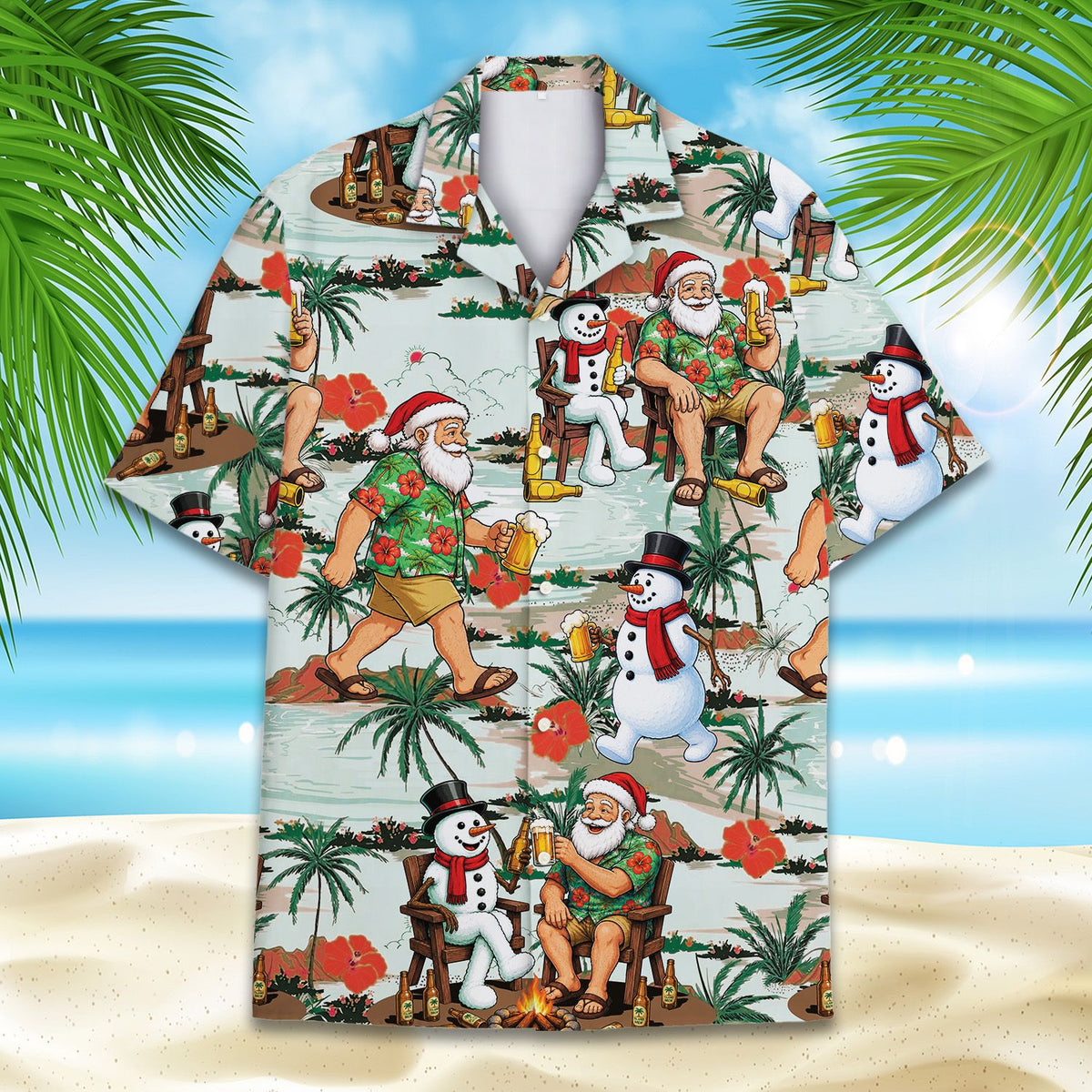Main view of the christmas beach hawaiian shirt featuring Santa and a snowman