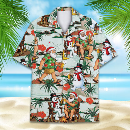Main view of the christmas beach hawaiian shirt featuring Santa and a snowman