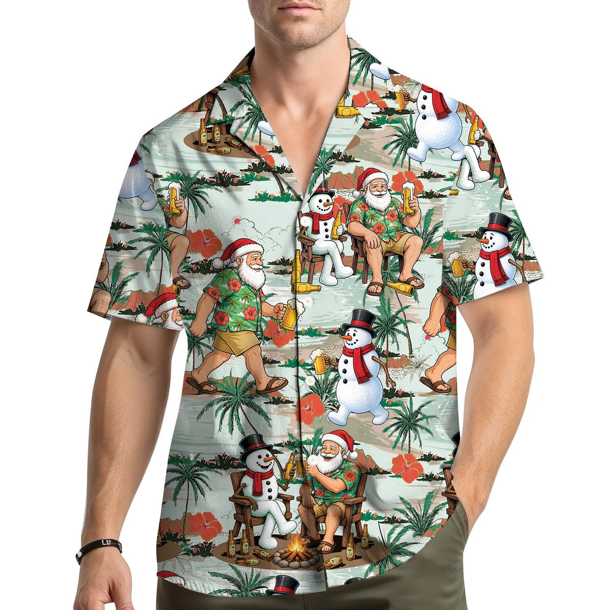 Lifestyle view of a person wearing the christmas beach hawaiian shirt