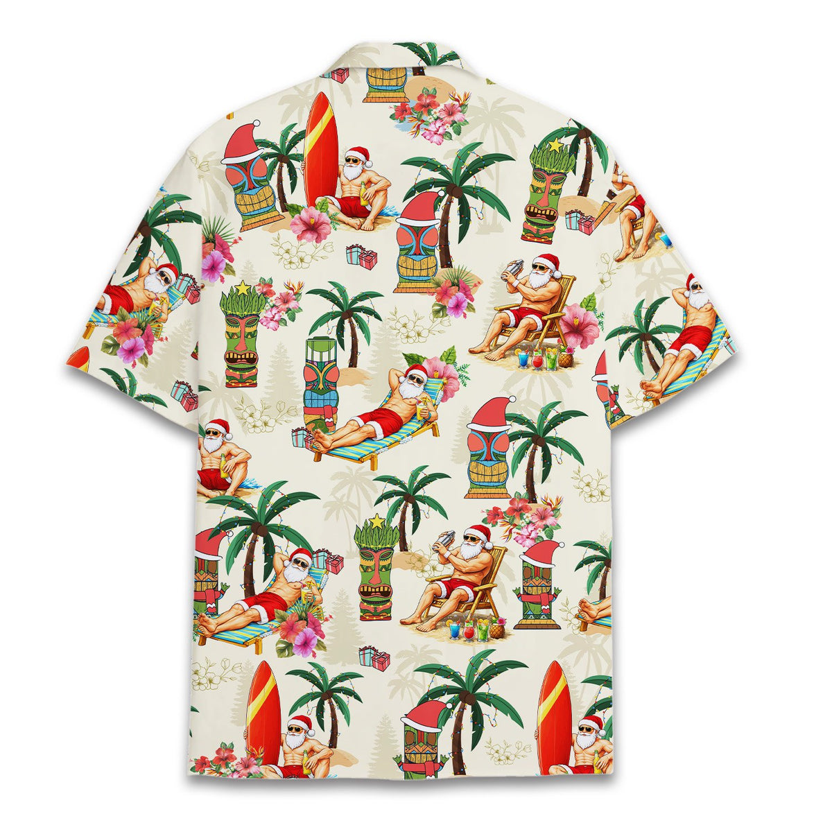 Second back view of the beige holiday hawaiian shirt