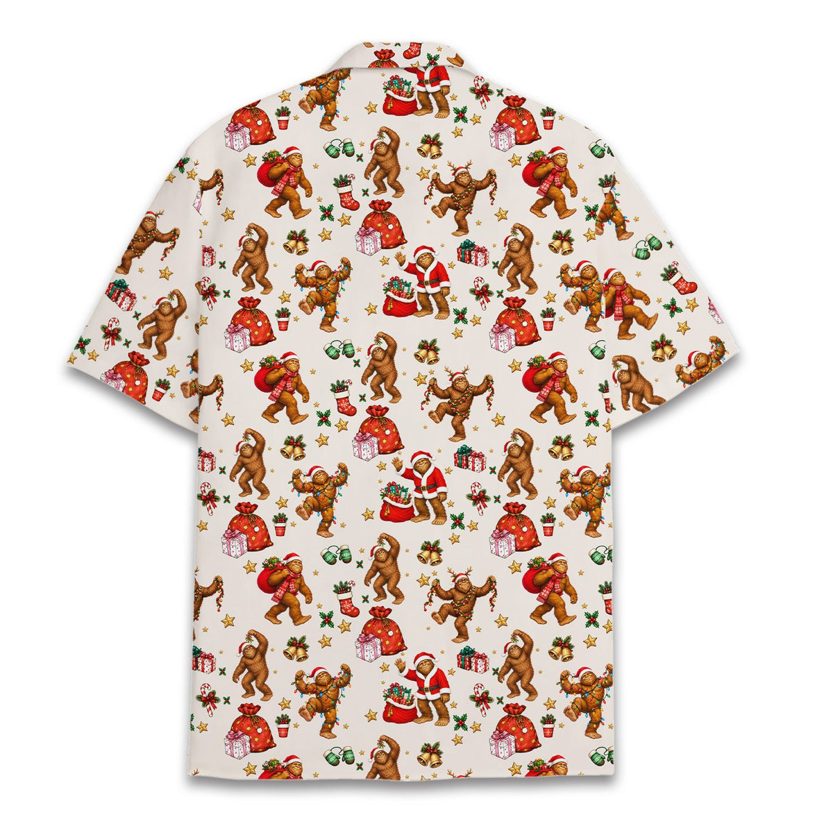Back view showing holiday bigfoot design on beige shirt