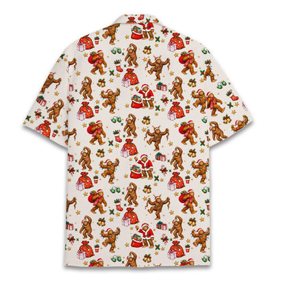 Back view showing holiday bigfoot design on beige shirt