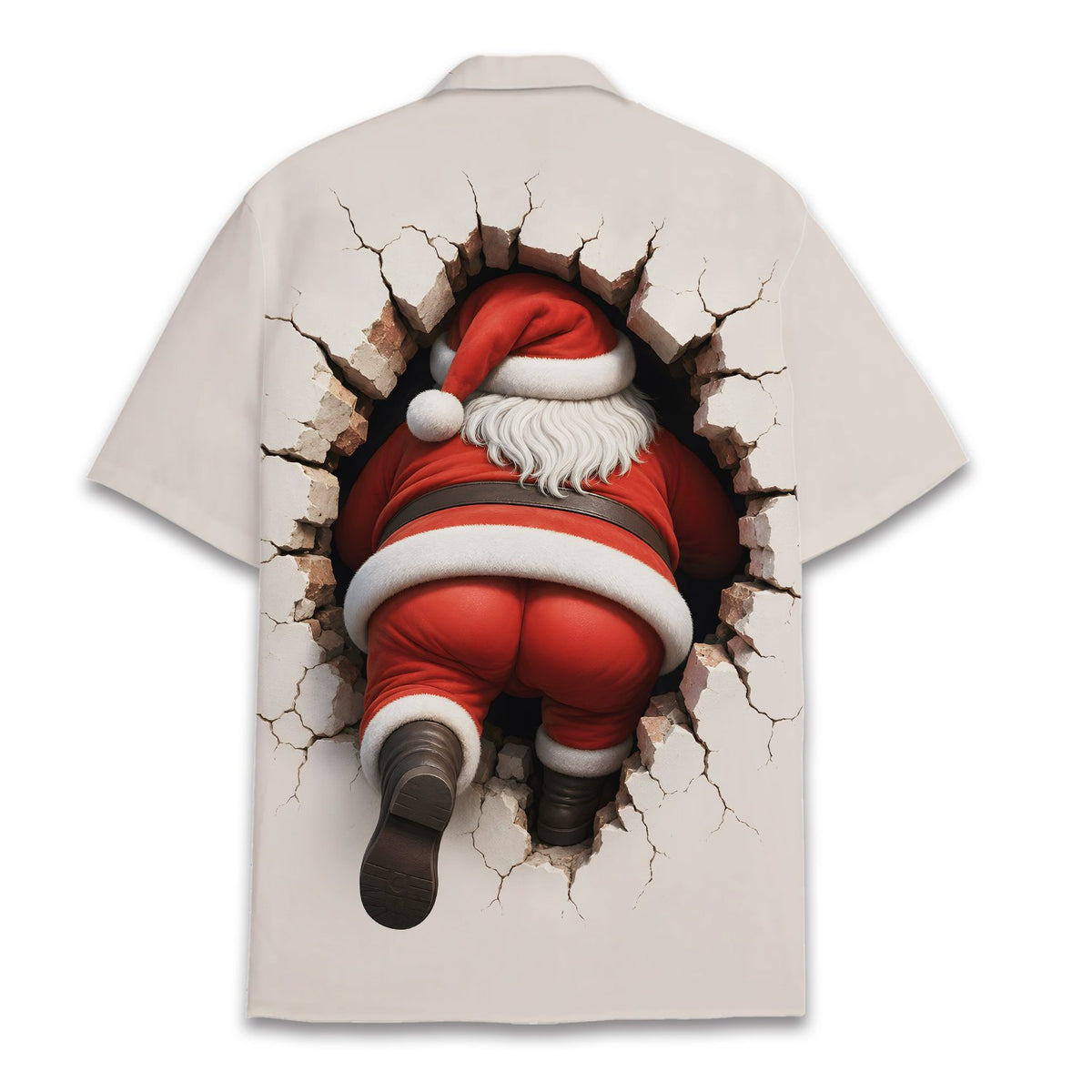 Matching family Hawaiian shirt with 3D Santa breaking wall design, beige back view
