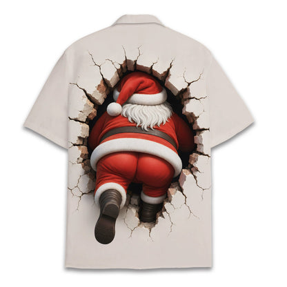 Matching family Hawaiian shirt with 3D Santa breaking wall design, beige back view