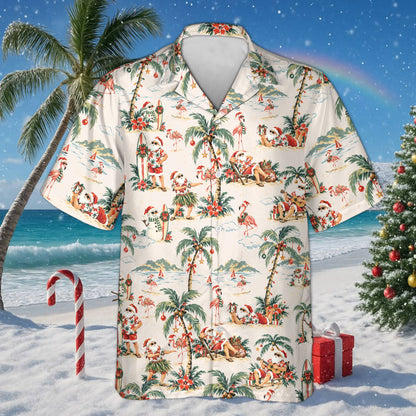 Beige tropical Santa matching family hawaiian shirt, front view