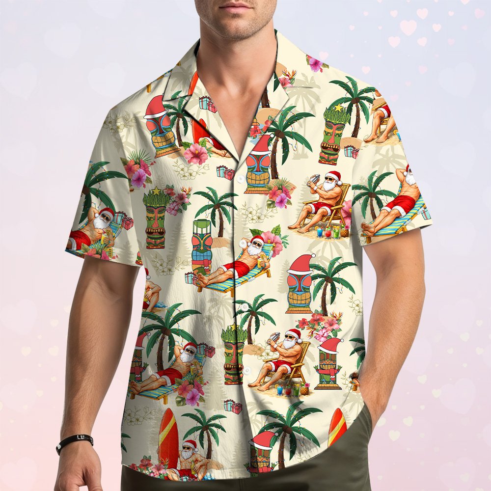 Detail front view of beige tropical Christmas hawaiian shirt