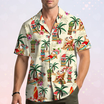 Detail front view of beige tropical Christmas hawaiian shirt