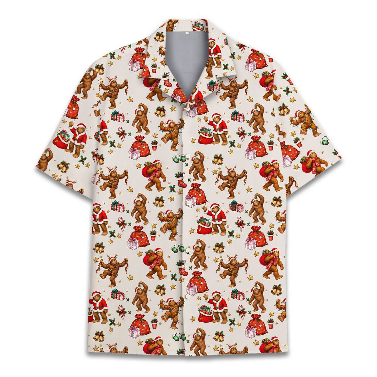 Close up front view of bigfoot christmas pattern hawaiian shirt