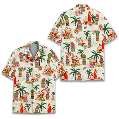 Another front angle of the tropical Santa hawaiian shirt