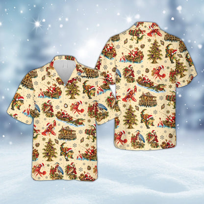 Beige holiday hawaiian shirt with Cajun Christmas print, front view