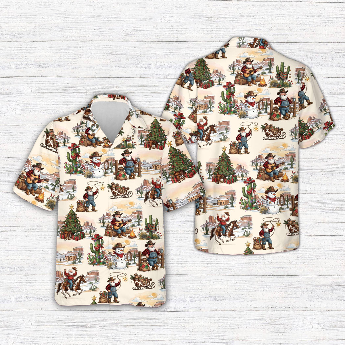 Front view of the beige matching family hawaiian shirt featuring desert Christmas elements
