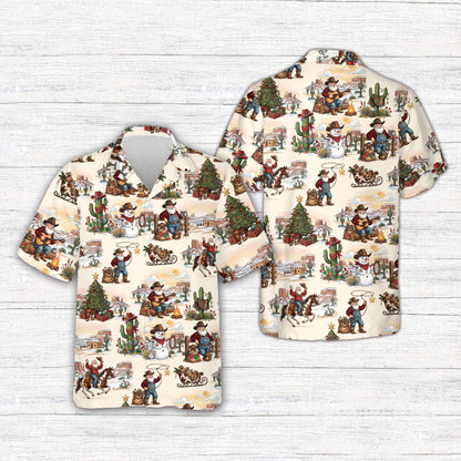 Front view of the beige matching family hawaiian shirt featuring desert Christmas elements