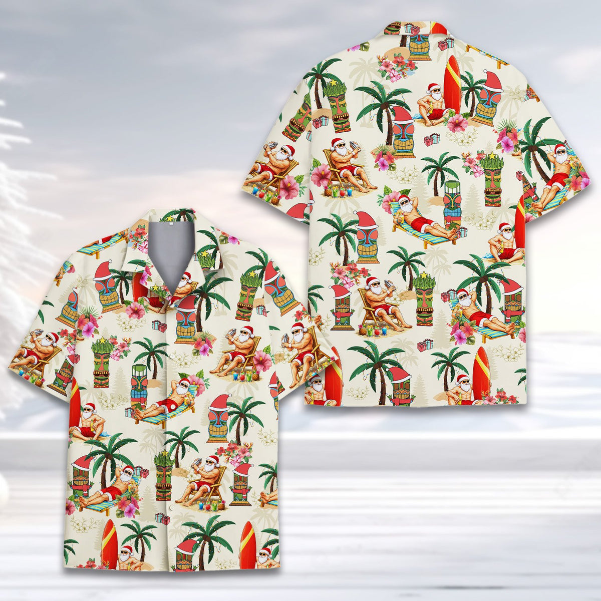 Close up front view of the festive beige hawaiian shirt