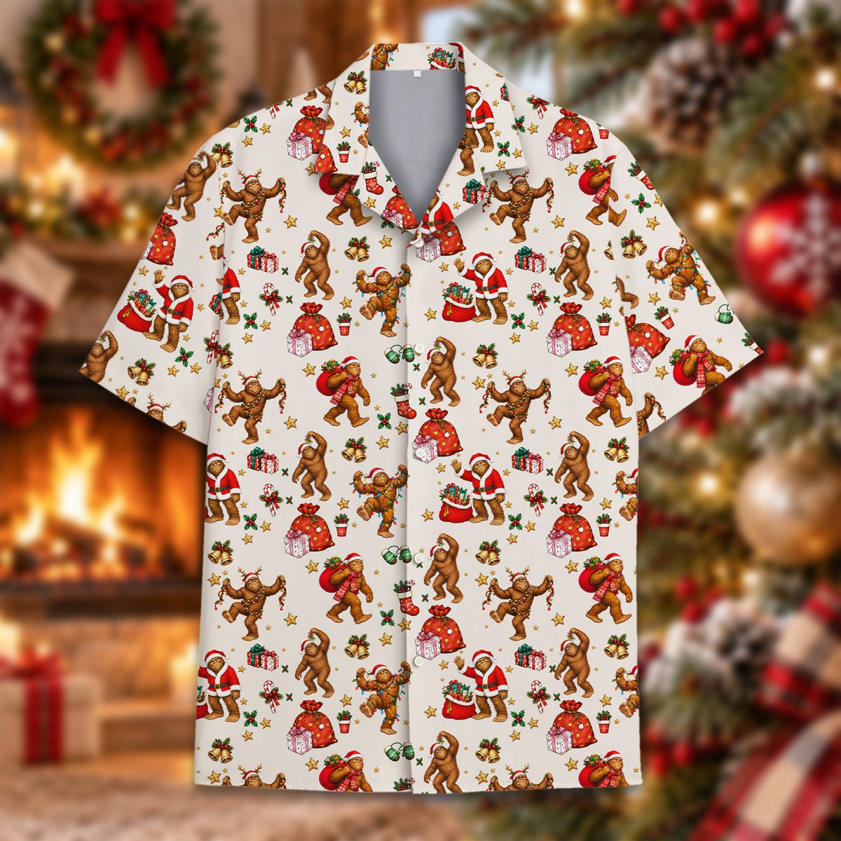 Detailed front view of the bigfoot holiday print shirt