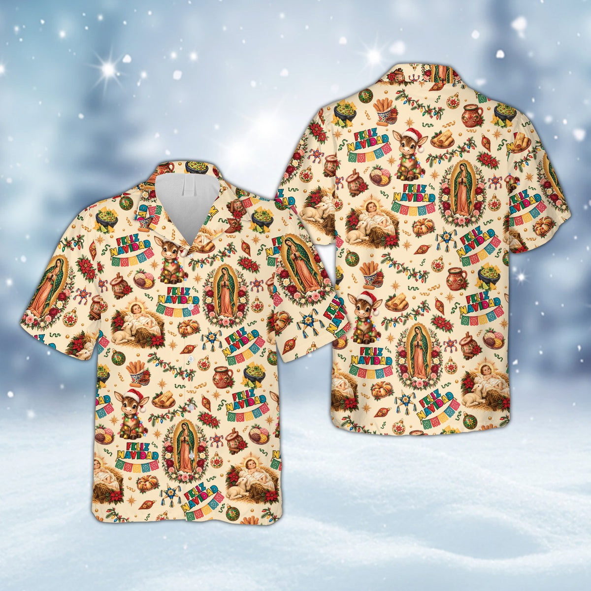 Beige front view of the holiday themed matching shirt