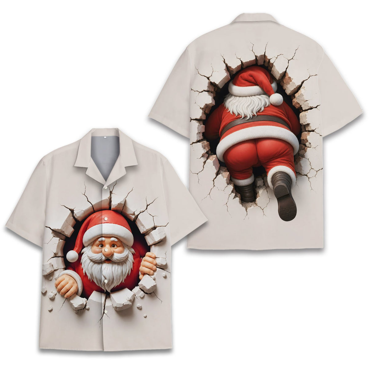 Matching family Hawaiian shirt with 3D Santa breaking wall design, beige front view detail