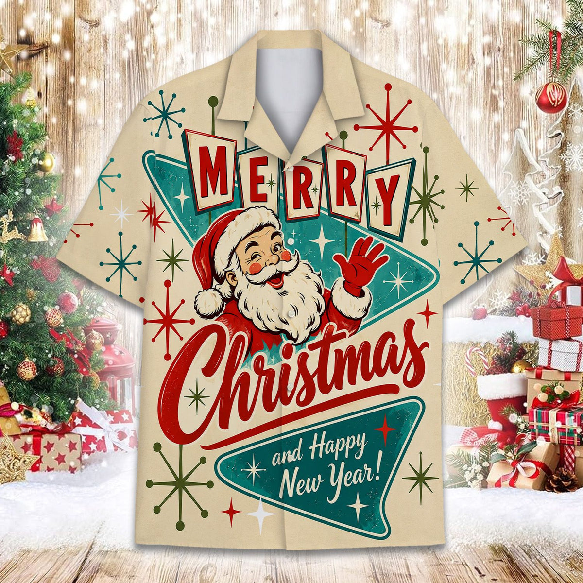 Front view of the beige matching family hawaiian shirts with vintage Santa pattern