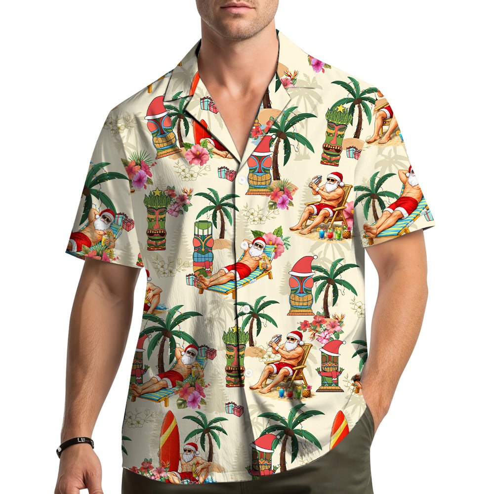 Tropical christmas hawaiian shirt with Santa and palm trees on beige, main view