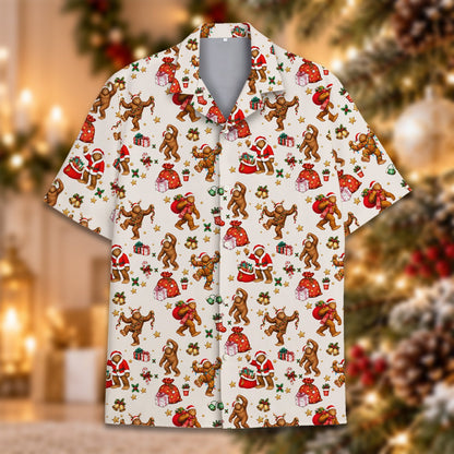 Christmas hawaiian shirt with bigfoot pattern on beige background, main view