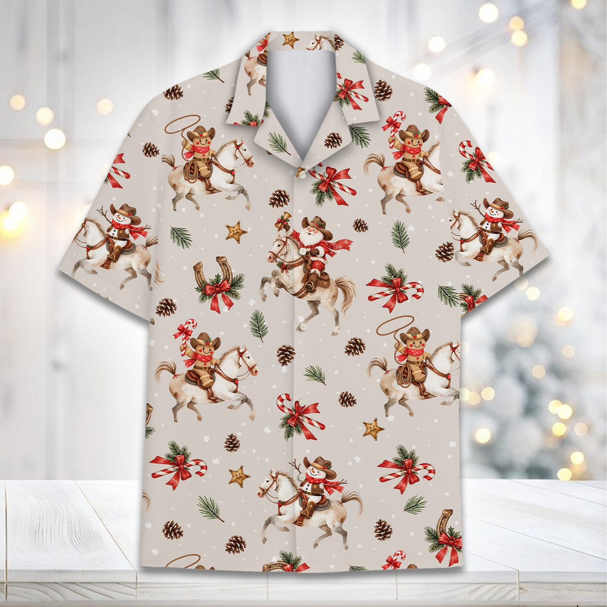 Front view of the beige matching family christmas hawaiian shirt