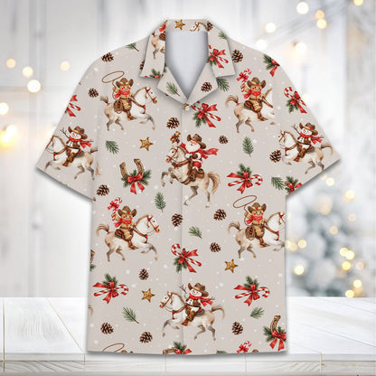 Matching family christmas hawaiian shirt with Western holiday pattern on beige, main view