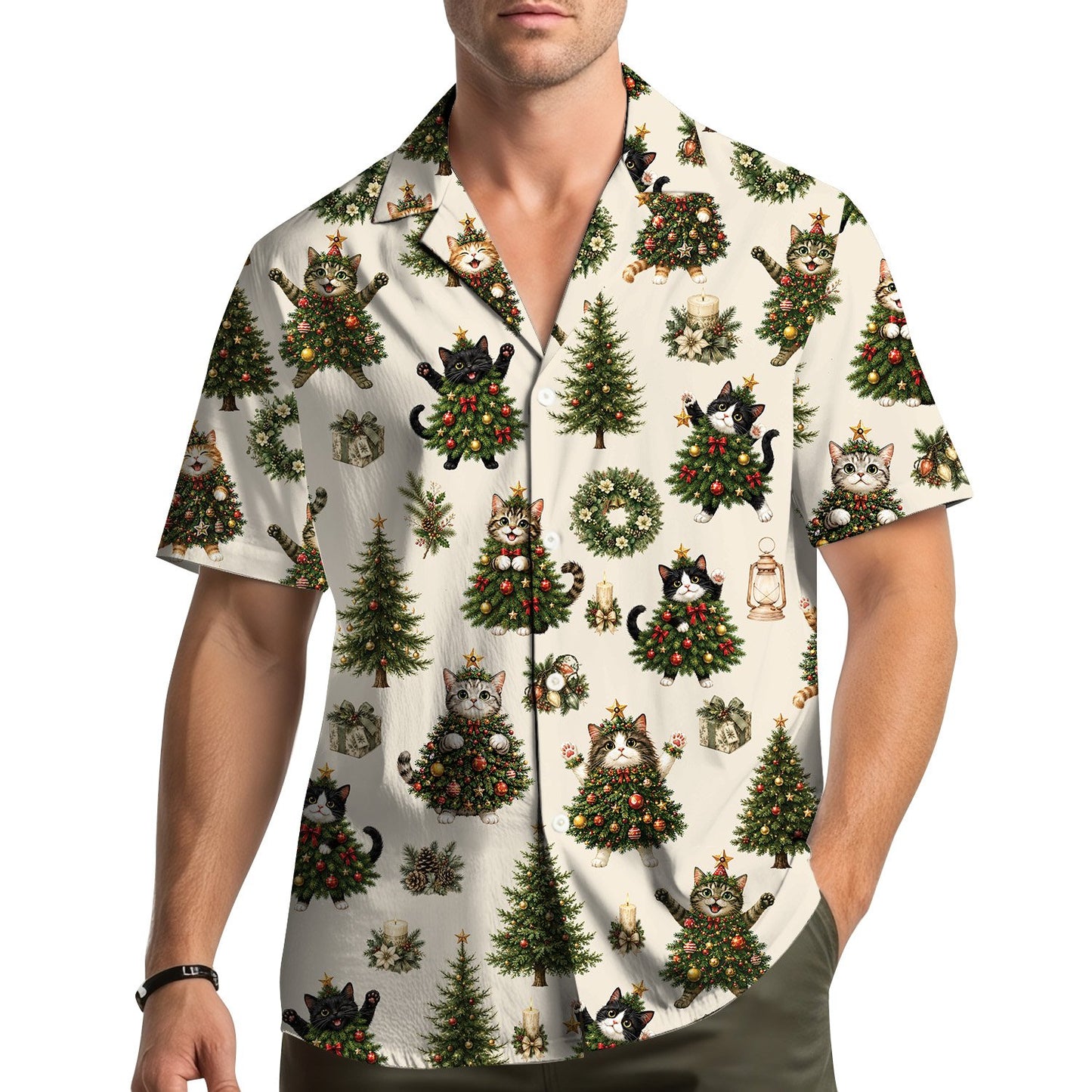 Close-up lifestyle view of the beige holiday hawaiian shirt
