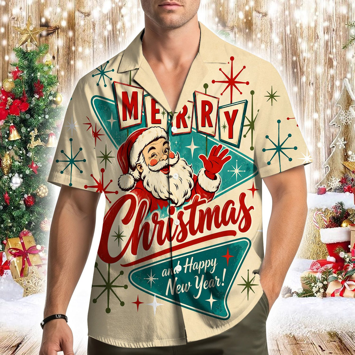 Lifestyle view of a person wearing the retro Santa Christmas hawaiian shirt