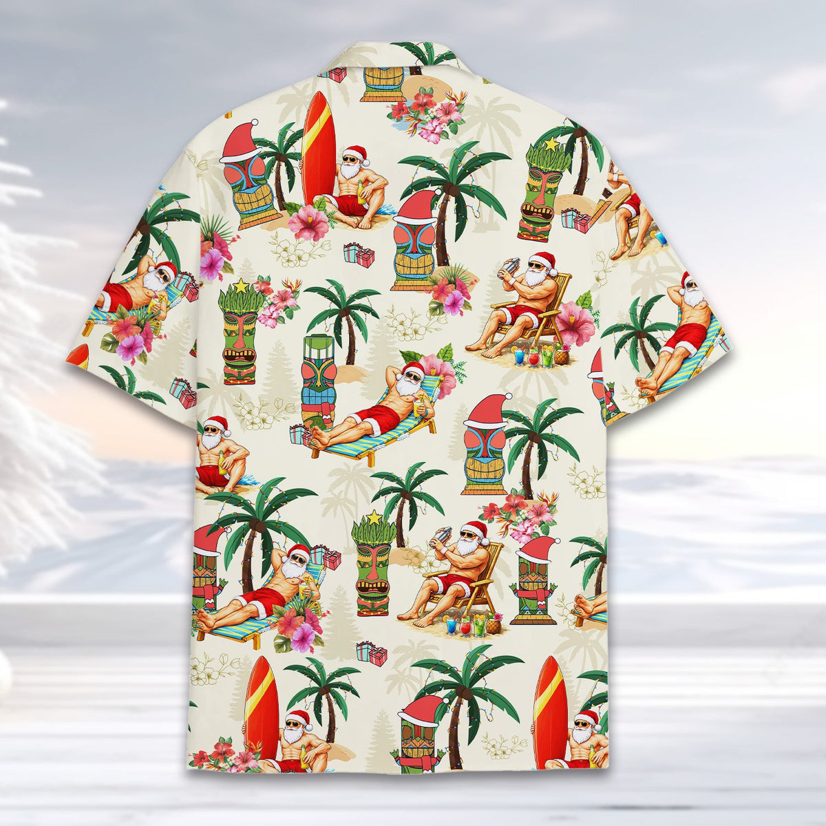 Lifestyle view of someone wearing the tropical christmas hawaiian shirt
