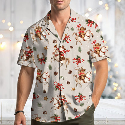 Lifestyle view of people wearing the beige matching family christmas hawaiian shirt