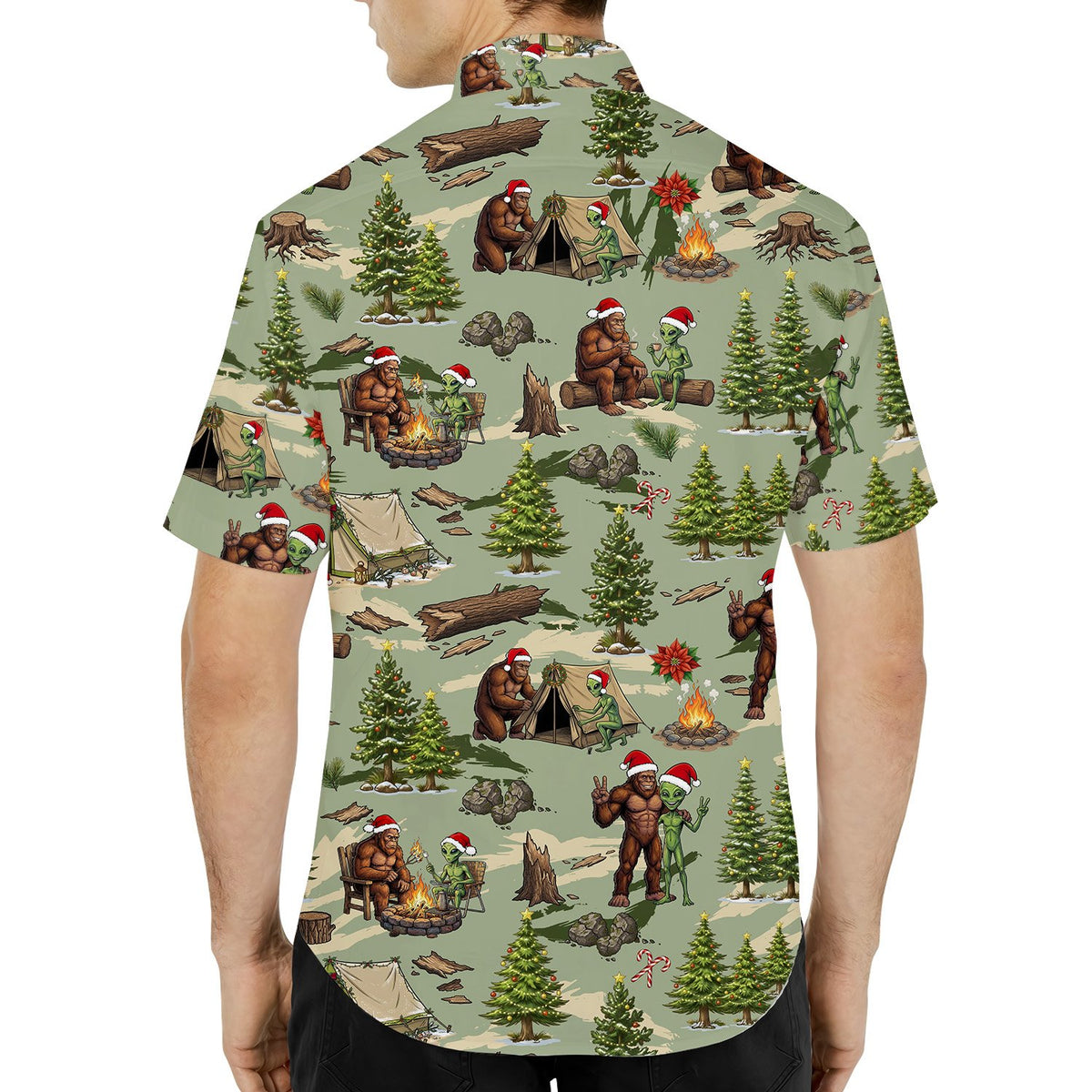 Back view of the matching family hawaiian shirt showing the camping design, variation 2