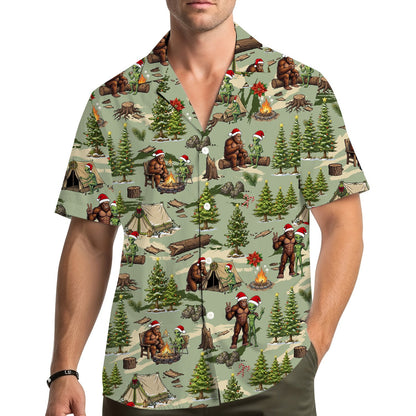 Front view of the bigfoot hawaiian shirt with Santa hats, variation 2