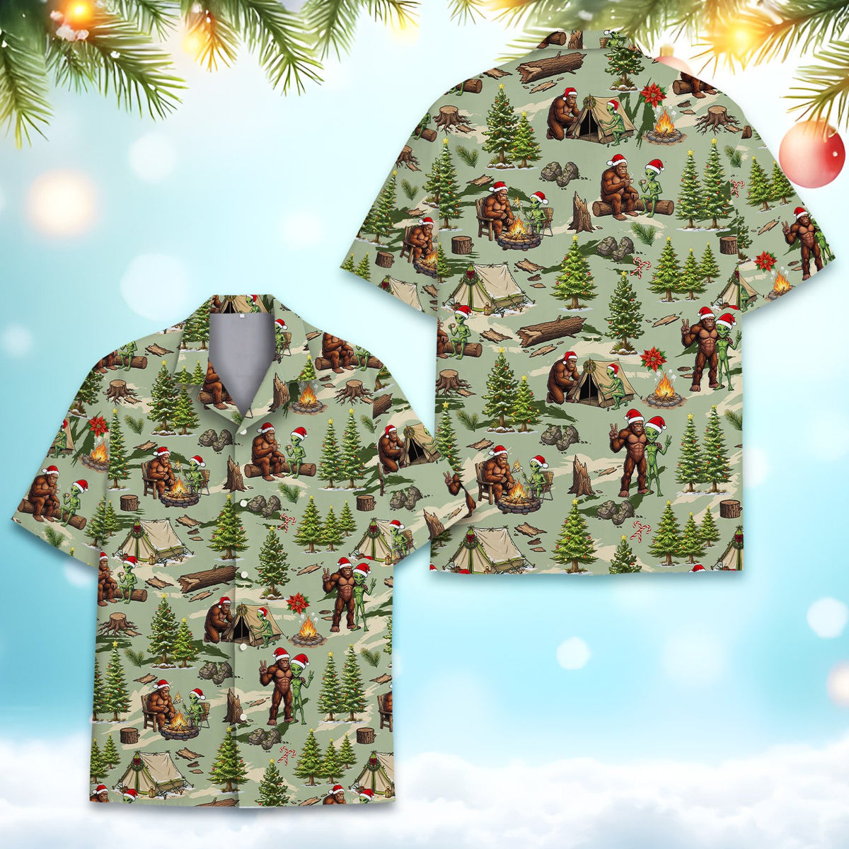 Front view of the christmas hawaiian shirt showing alien and Bigfoot, variation 3