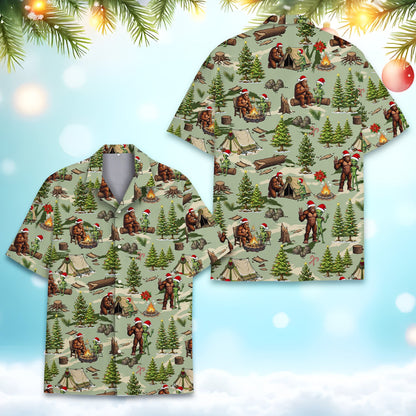 Front view of the christmas hawaiian shirt showing alien and Bigfoot, variation 3