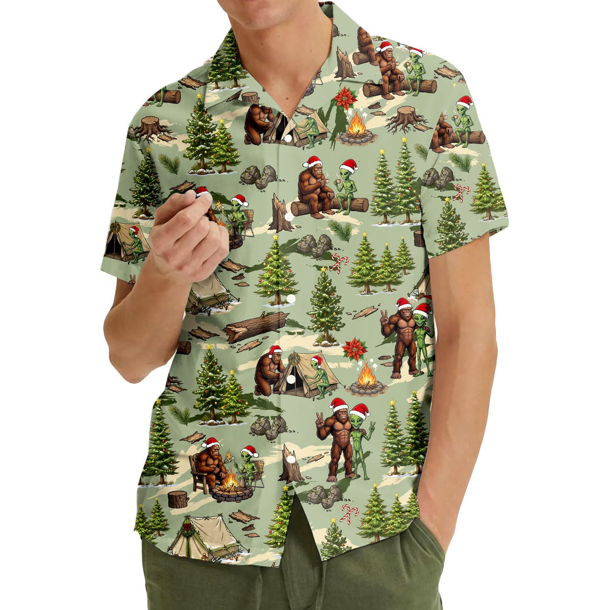 Front view of the matching family hawaiian shirt with Christmas trees, variation 4