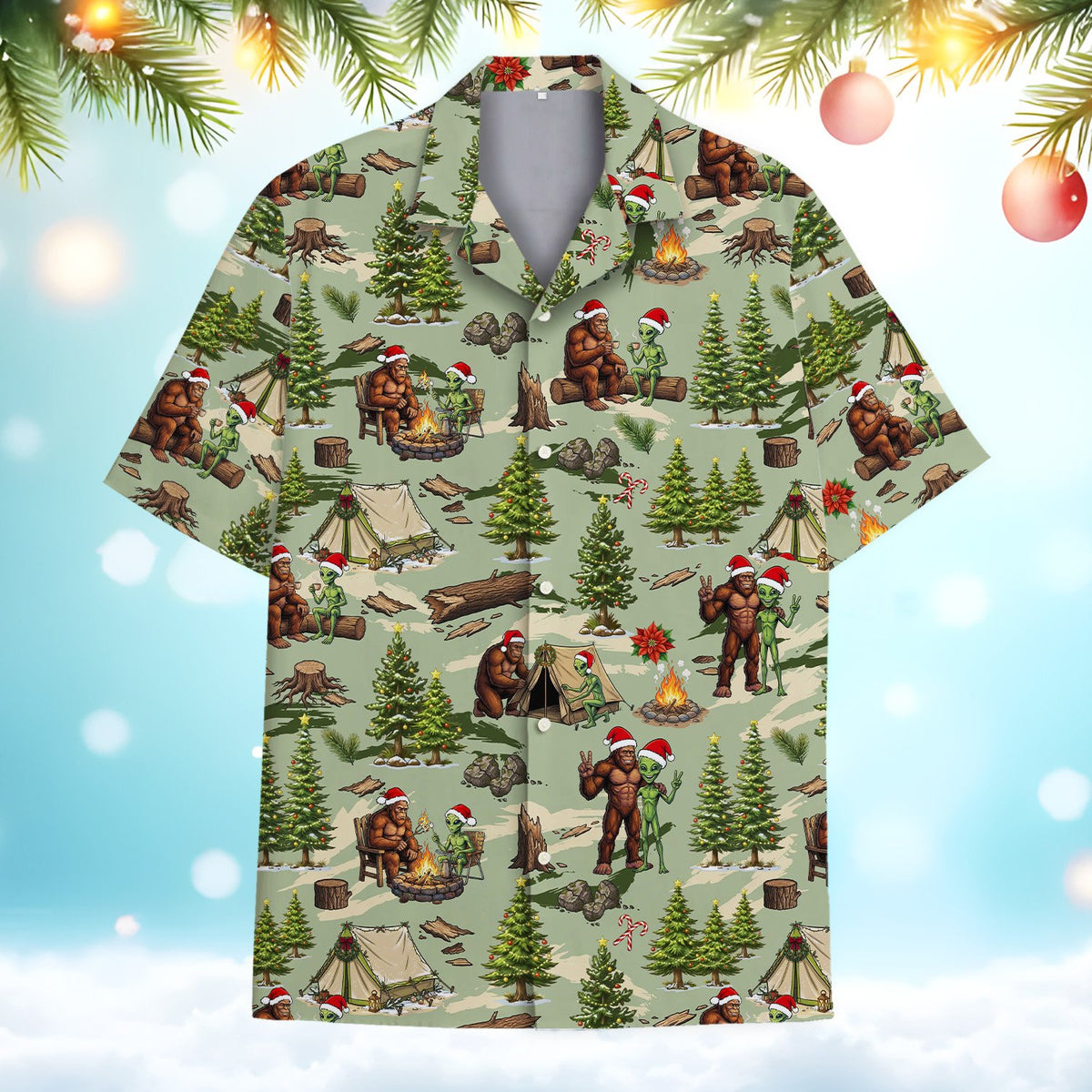Front view of the festive green holiday hawaiian shirt, variation 5