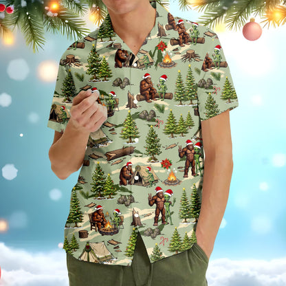 Front view of the matching family christmas bigfoot and alien hawaiian shirt