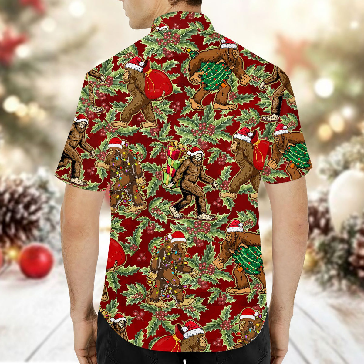 Back view of the matching family christmas bigfoot hawaiian shirt